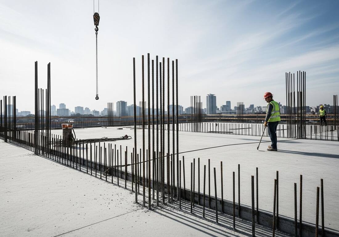 Worker in a hard hat near the unprotected edge of a concrete slab with uncapped rebar in the foreground