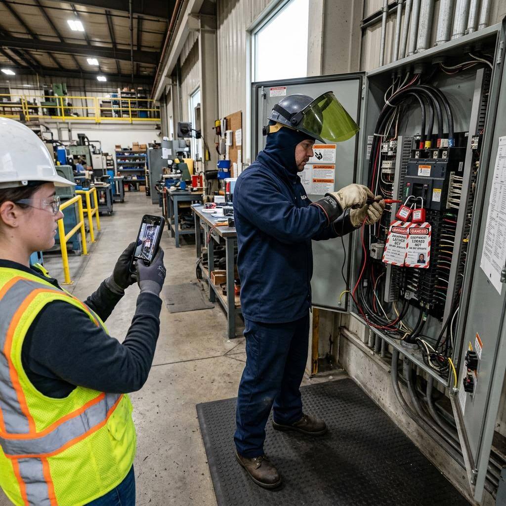 Electrician photographing an open electrical panel and cords at a jobsite to draft a job hazard analysis