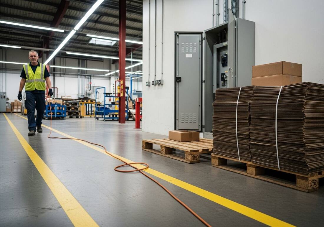 Facility walkway with an extension cord running across it and an electrical panel blocked by stacked boxes on a pallet