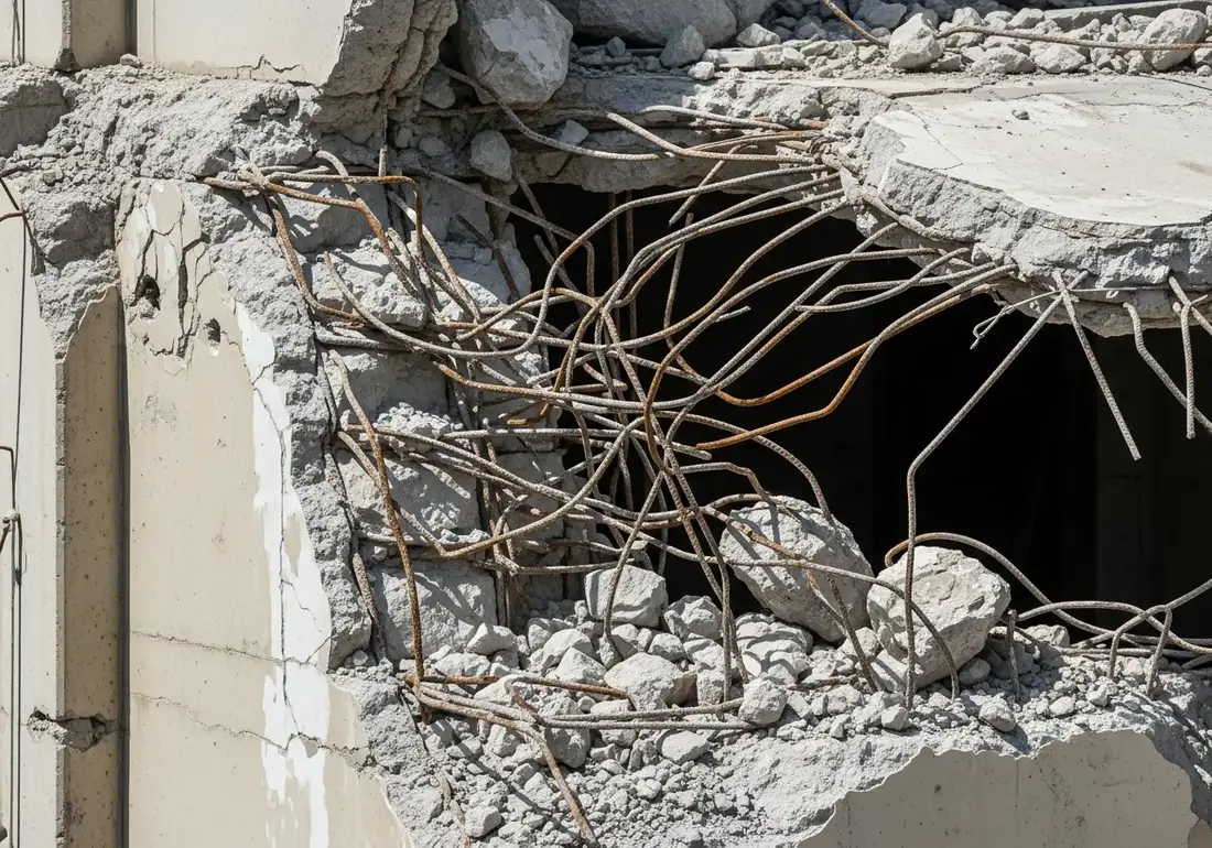 Close-up of demolition hazards on a demolition job site