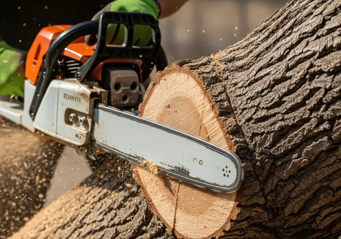Close-up of tree service and arborist hazards on a tree service job site
