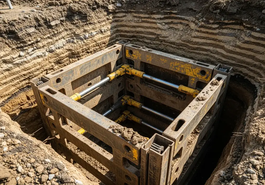 Close-up of trenching and excavation hazards on a trenching job site