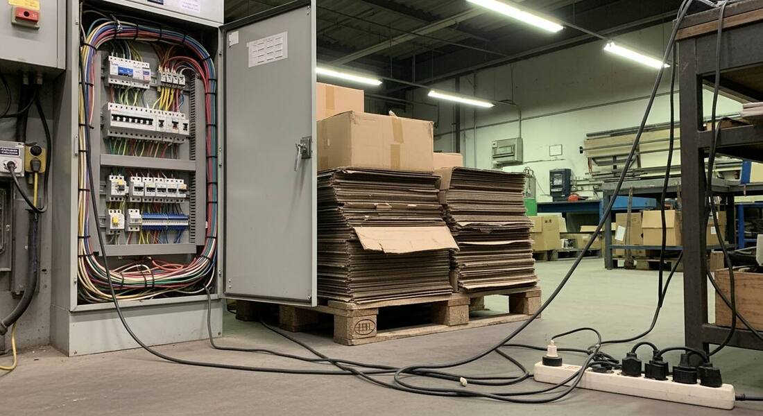 Open electrical panel with its door ajar, blocked by a pallet of stacked cardboard, with daisy-chained power strips and cords across the workshop floor