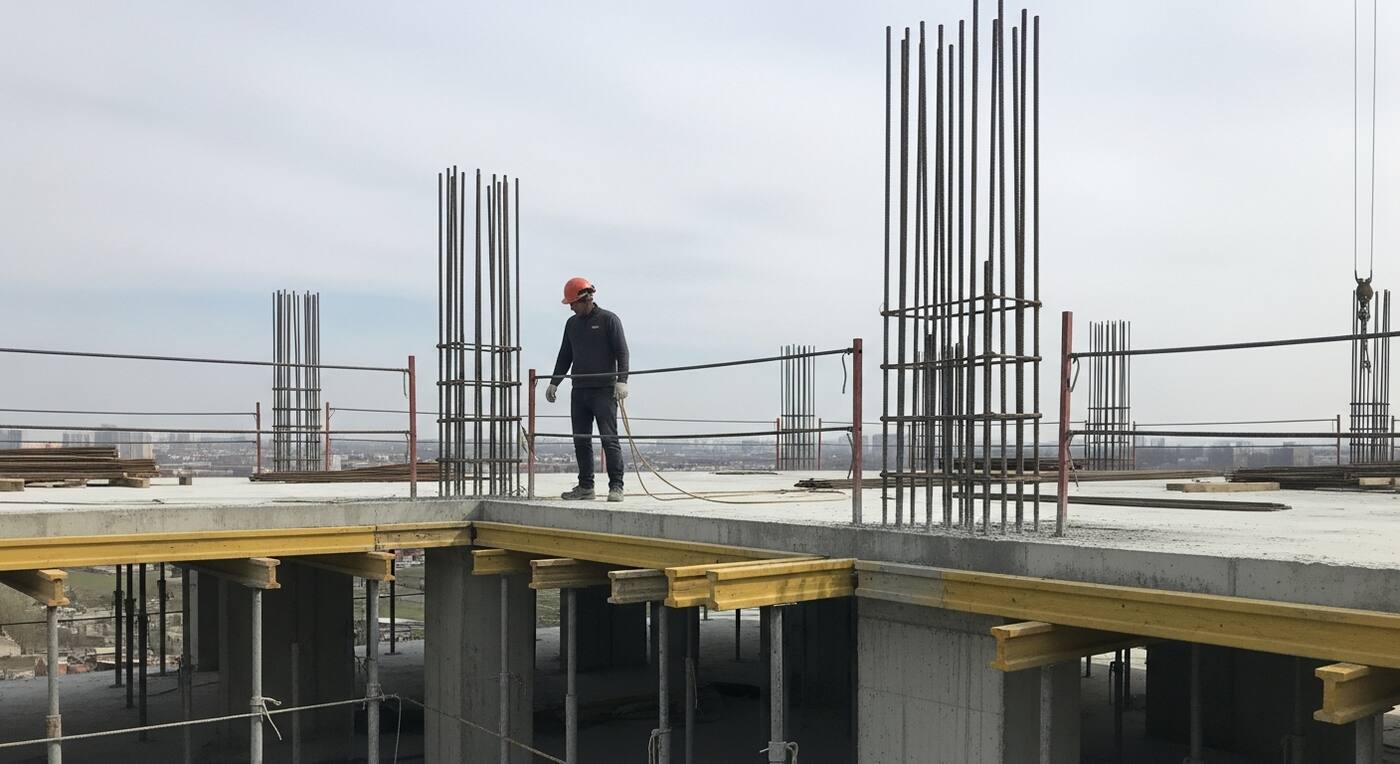 Construction worker standing near an open slab edge with uncapped vertical rebar on the upper floor of a concrete building under construction