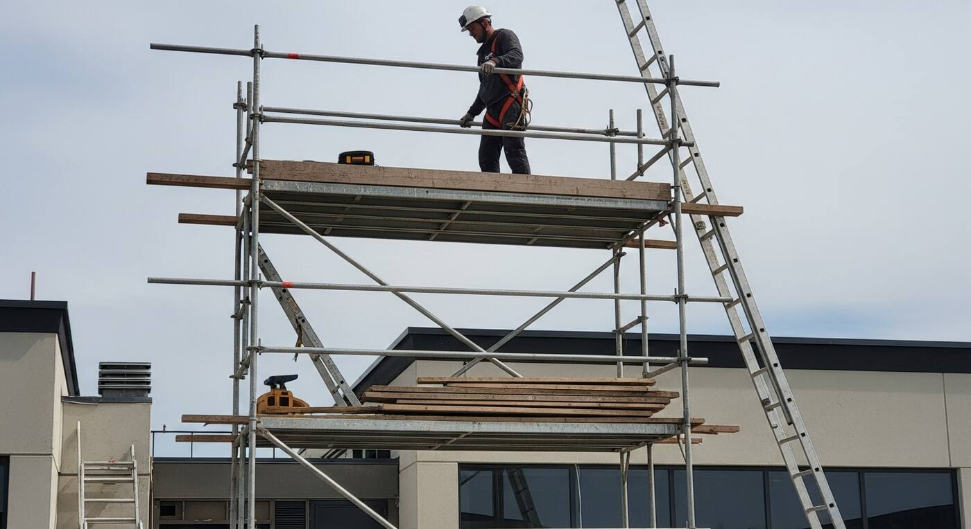 Worker on a scaffold platform with open sides, loose planks, and a steep ladder leaning against the frame