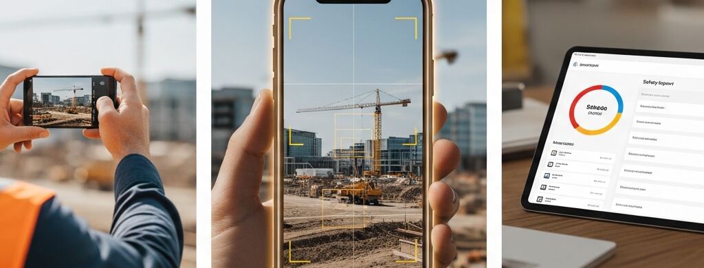 Three-panel storyboard: a construction worker photographs a job site with a phone, the photo is scanned on the phone screen with highlighted areas, and a safety report appears on a tablet