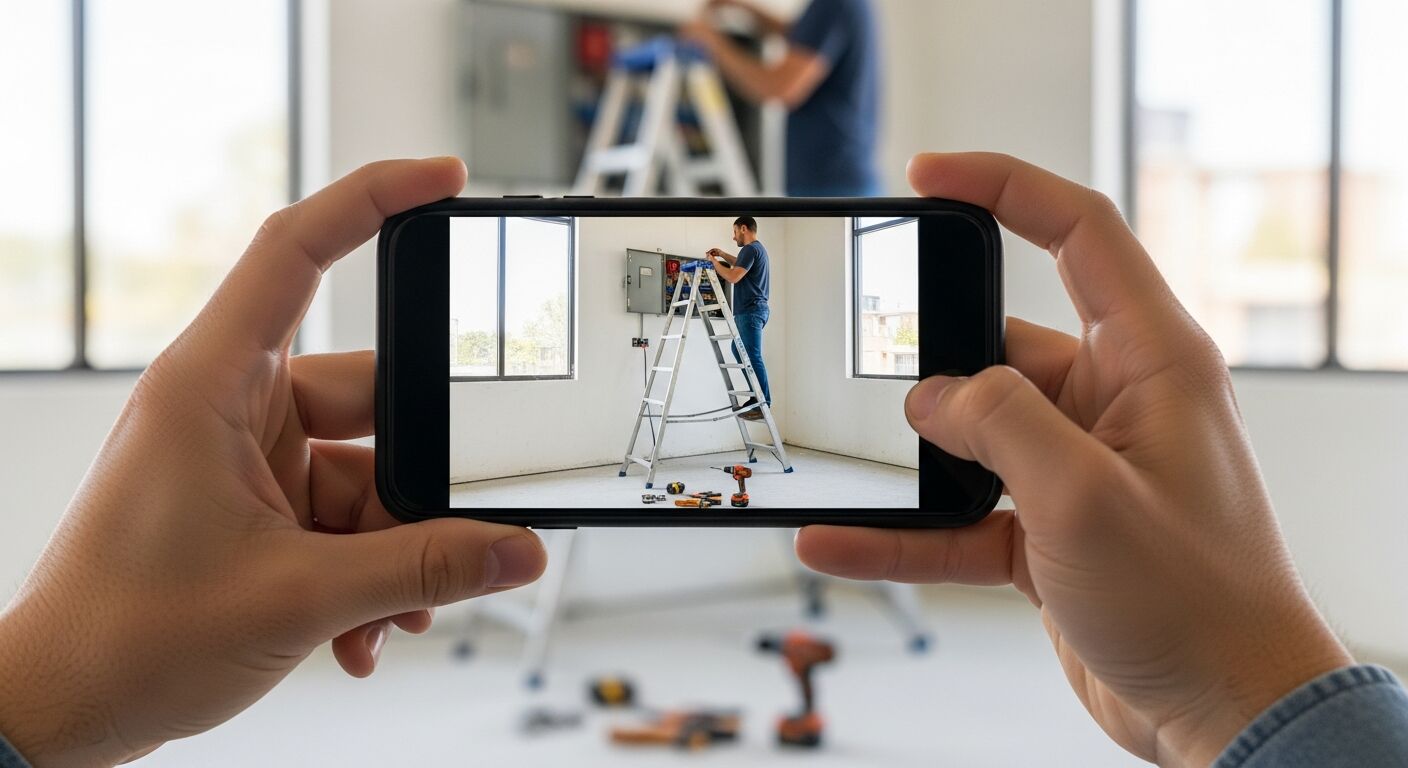 Hands holding a smartphone photographing an electrician on the upper steps of a stepladder at a wall panel — a task photo for the AI JHA generator