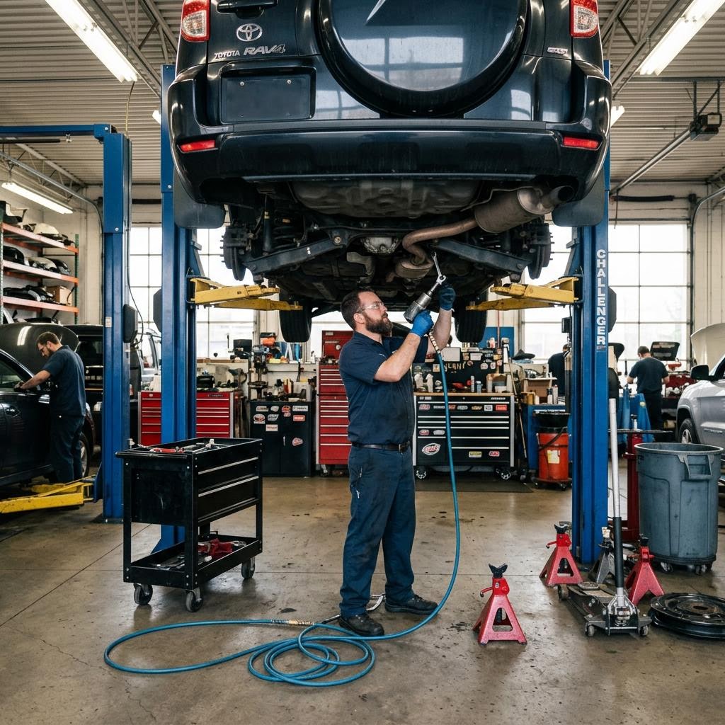 Auto repair shop vehicle lift bay with a technician working under a raised SUV — reviewed for safety hazards by AI