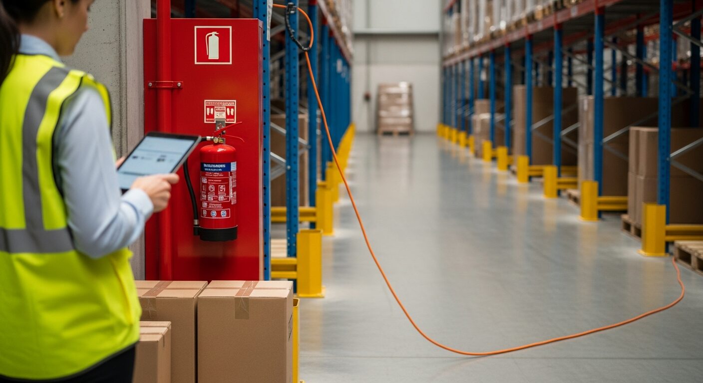 Safety professional reviewing pending and completed corrective-action checklist items from a photo inspection