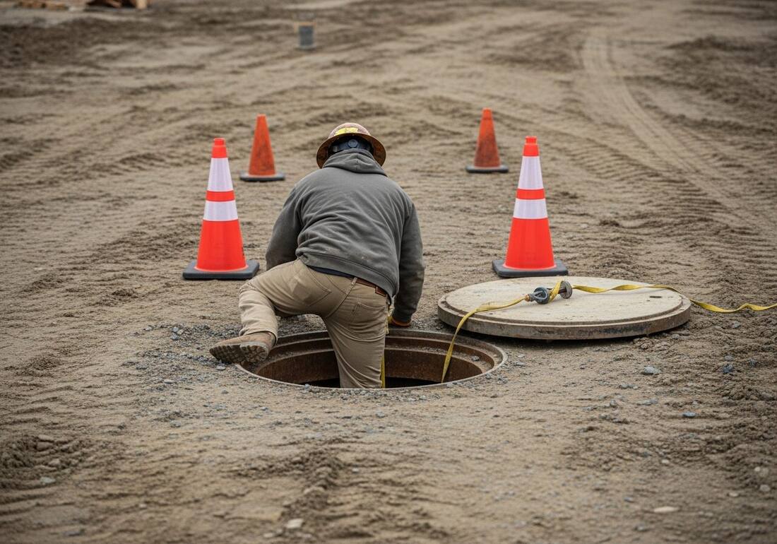 Worker climbing into an open utility vault manhole with no retrieval tripod or attendant — an unsafe confined space entry