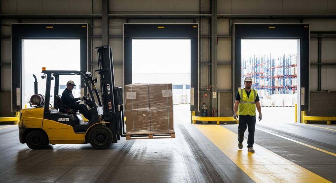 Forklift carrying a pallet near a pedestrian walkway at a loading dock