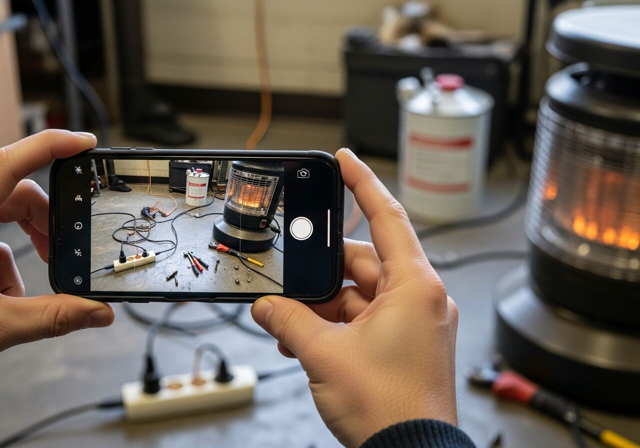 Hands holding a smartphone photographing a workshop corner where a solvent container sits beside a running space heater and cords cross the floor