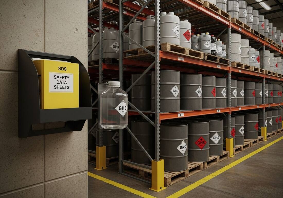 Warehouse chemical storage rack with GHS-labeled drums and a wall-mounted SDS station — hazard communication compliance checked from a photo