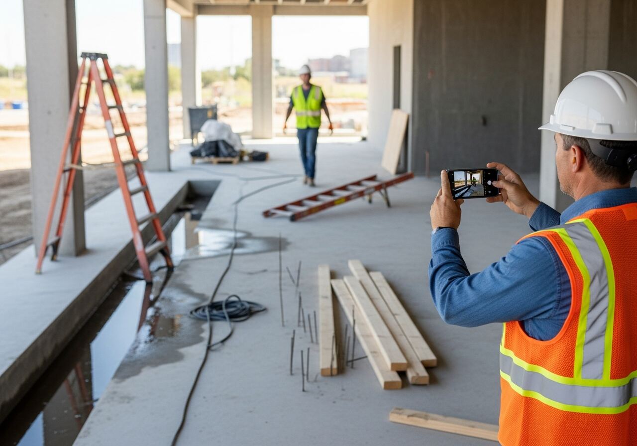 Site supervisor running a HazScan by photographing a work area with visible job-site hazards
