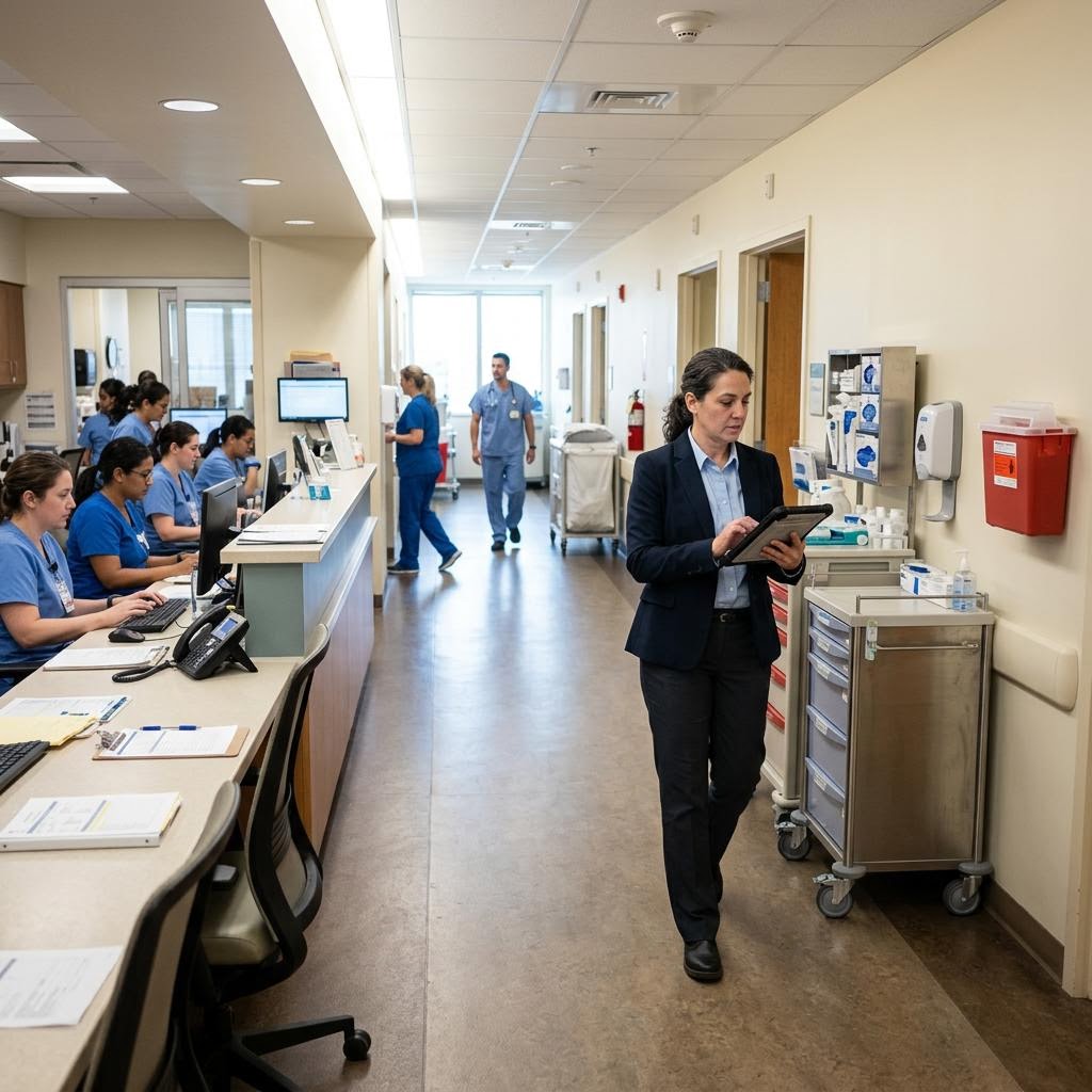 Healthcare facility corridor and clinical workspace reviewed for occupational safety hazards by AI