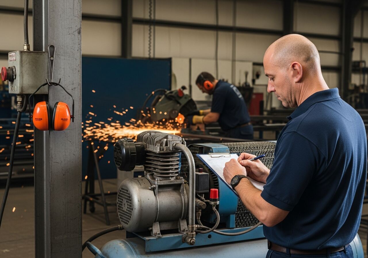 Supervisor writing on a clipboard beside a running air compressor with no hearing protection while a worker in earmuffs cuts steel with a chop saw behind him and a pair of earmuffs hangs unused on a post
