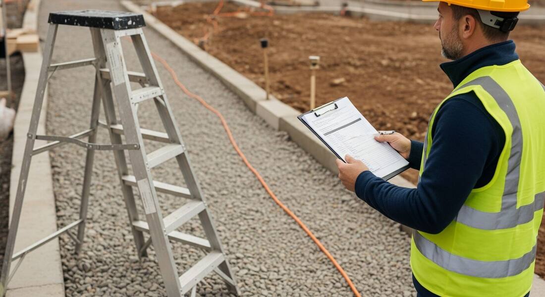 Supervisor holding a job hazard analysis worksheet on a clipboard while behind him a stepladder stands on uneven gravel and an extension cord crosses the walkway