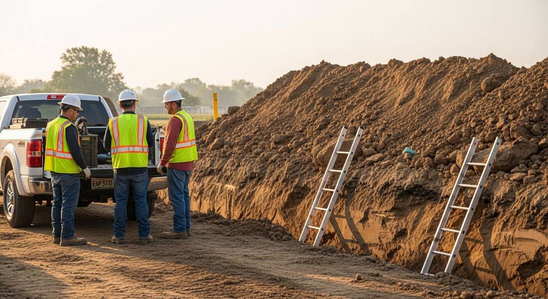 Construction crew in a pre-task safety huddle beside a pickup truck while an open trench behind them has a spoil pile right at its edge