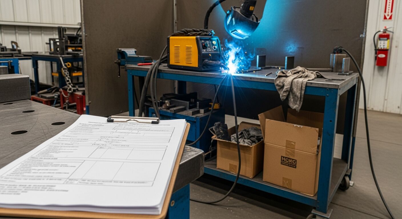 Printed job safety analysis worksheet on a clipboard at a welding station where cardboard boxes and rags sit close to the welding table with no screen set up