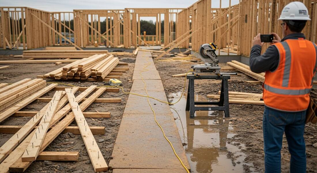 Site supervisor photographing a framing job site where scrap lumber with protruding nails clutters the walkway and an extension cord runs through a puddle