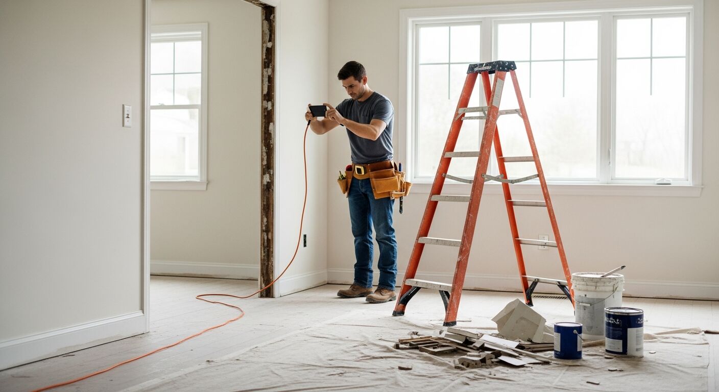 Construction worker using a smartphone to photograph a job site for an instant OSHA compliance scan