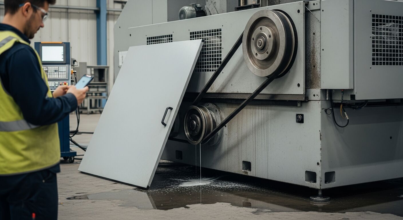 Manufacturing worker running a JSA on his phone while a machine's belt guard leans removed against its base and coolant pools on the floor