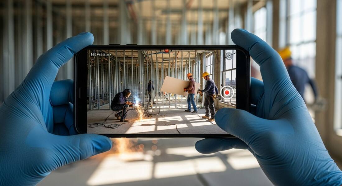 Smartphone camera framing a job-site scene for photo hazard detection