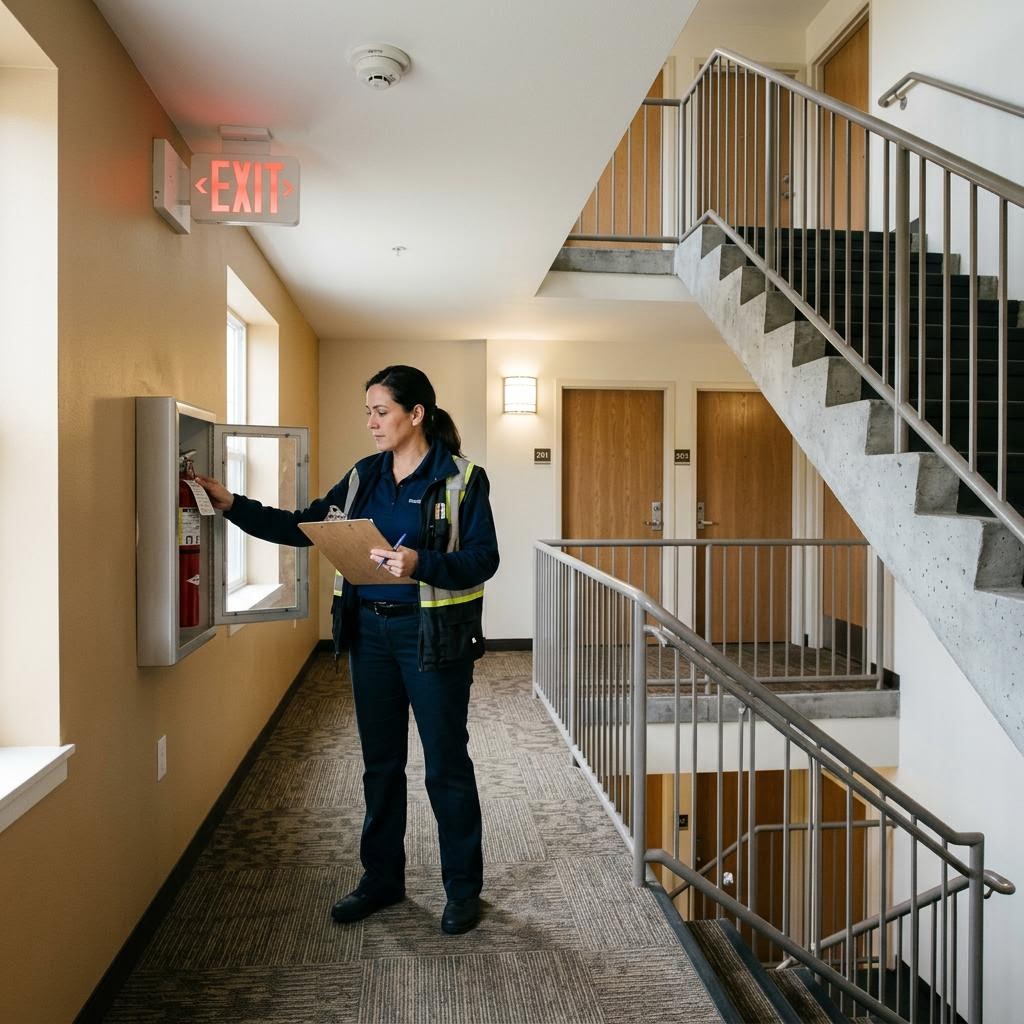 Apartment property hallway and stairwell reviewed by AI — a property management safety check from a photo
