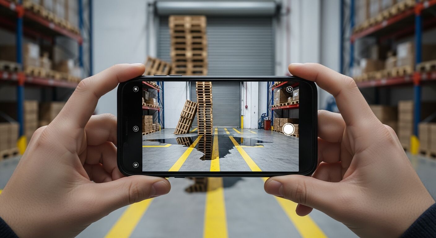 Smartphone held up to photograph a warehouse loading dock where a liquid spill crosses the marked pedestrian lane and a pallet stack leans beside the dock door