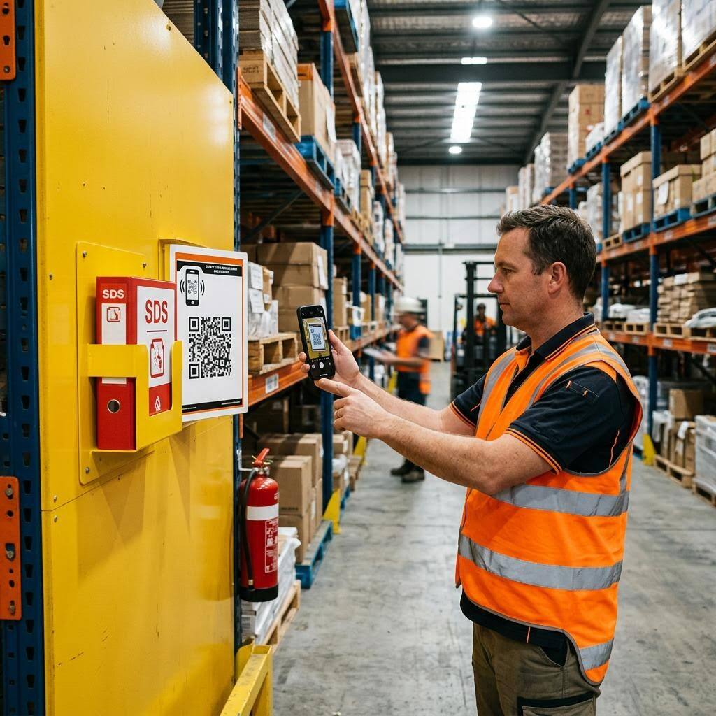 Worker scanning a wall-mounted QR poster with a phone showing the room's chemical list — instant SDS accessibility in a maintenance room