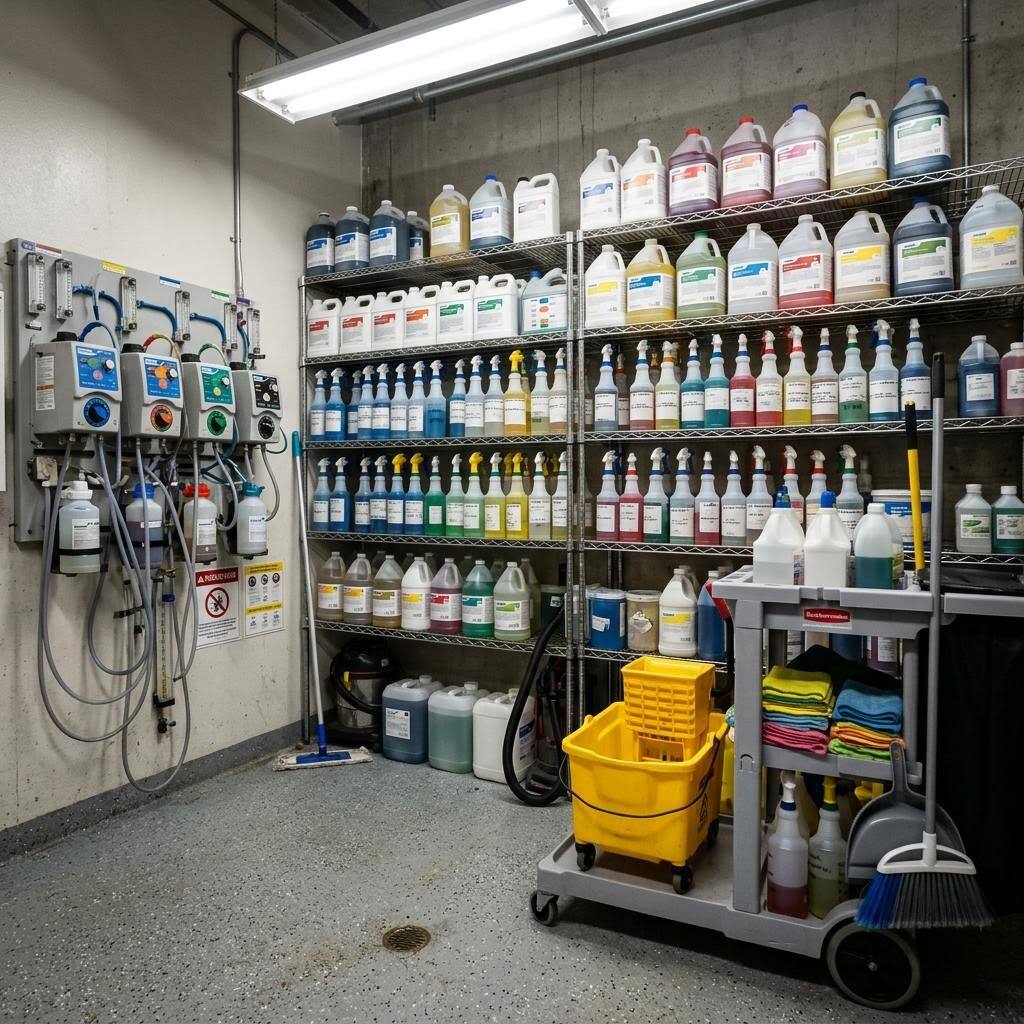 Cleaning company janitorial cart and supply closet stocked with disinfectants and spray bottles, with a QR SDS poster on the closet door