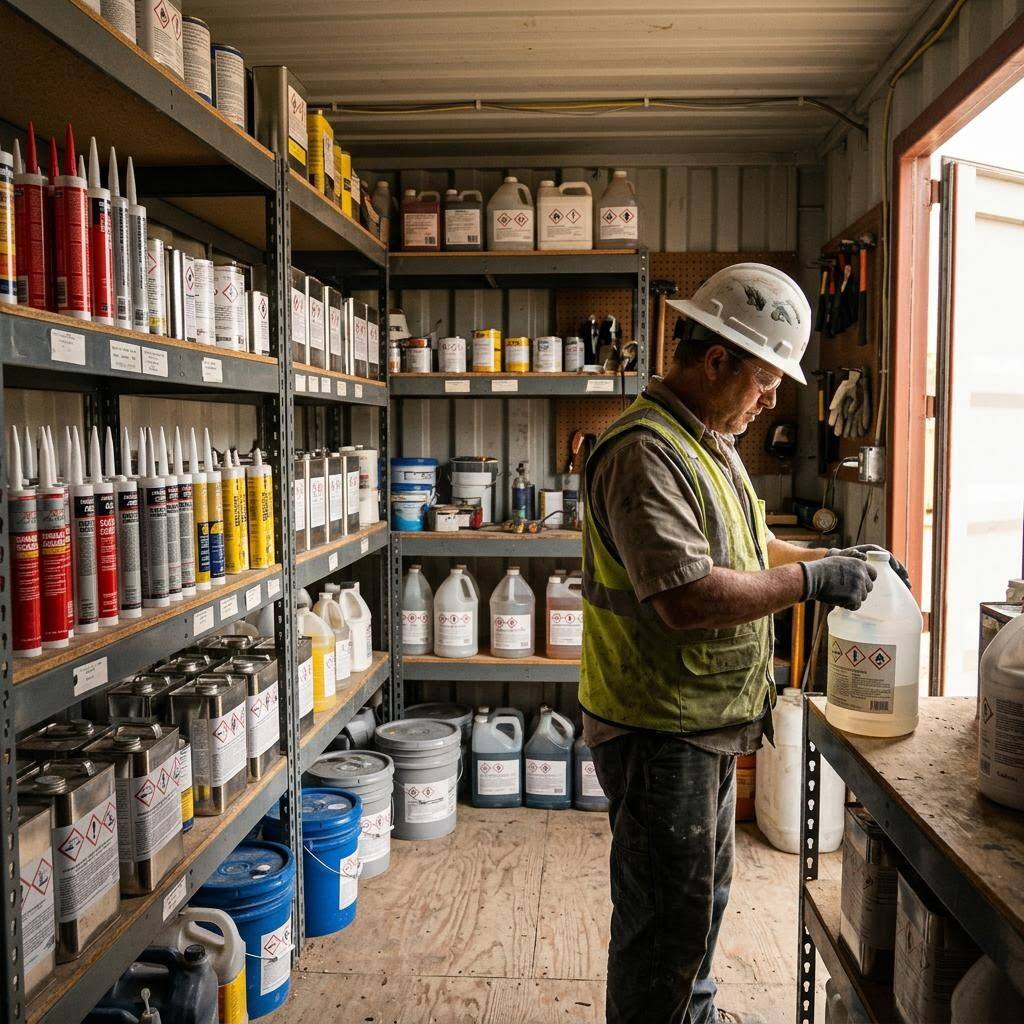 Construction jobsite trailer and material laydown with adhesive, sealant, and fuel containers, and a QR safety data sheet poster mounted on the conex door