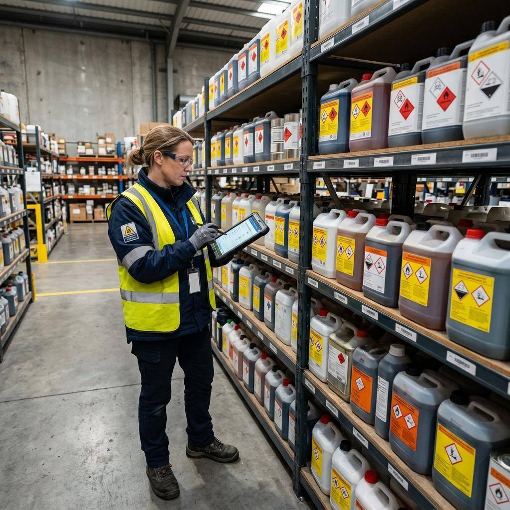 Safety manager holding a phone that shows a running chemical inventory list while scanning product labels on a stockroom shelf