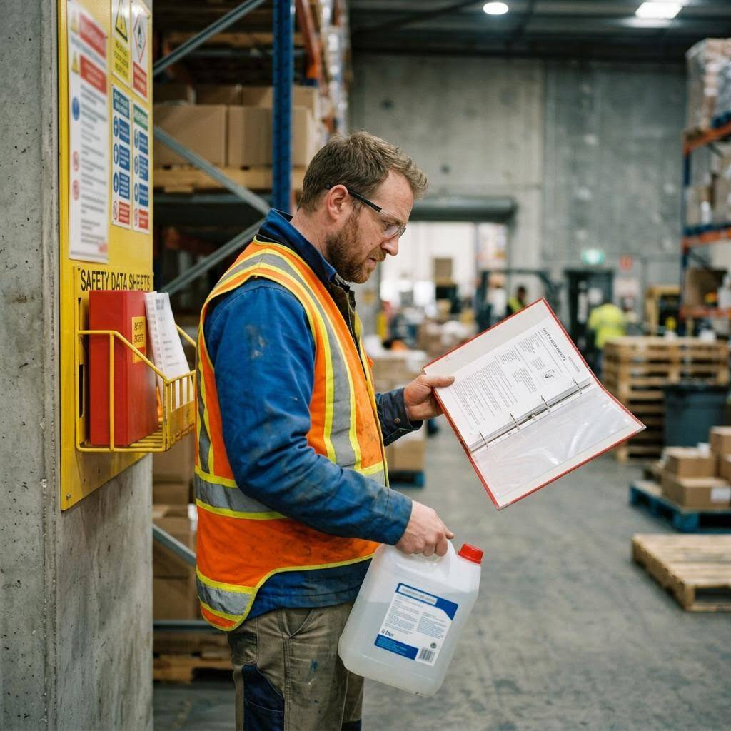 Chemical container on a shop shelf next to an open SDS binder with an empty slot where the safety data sheet should be