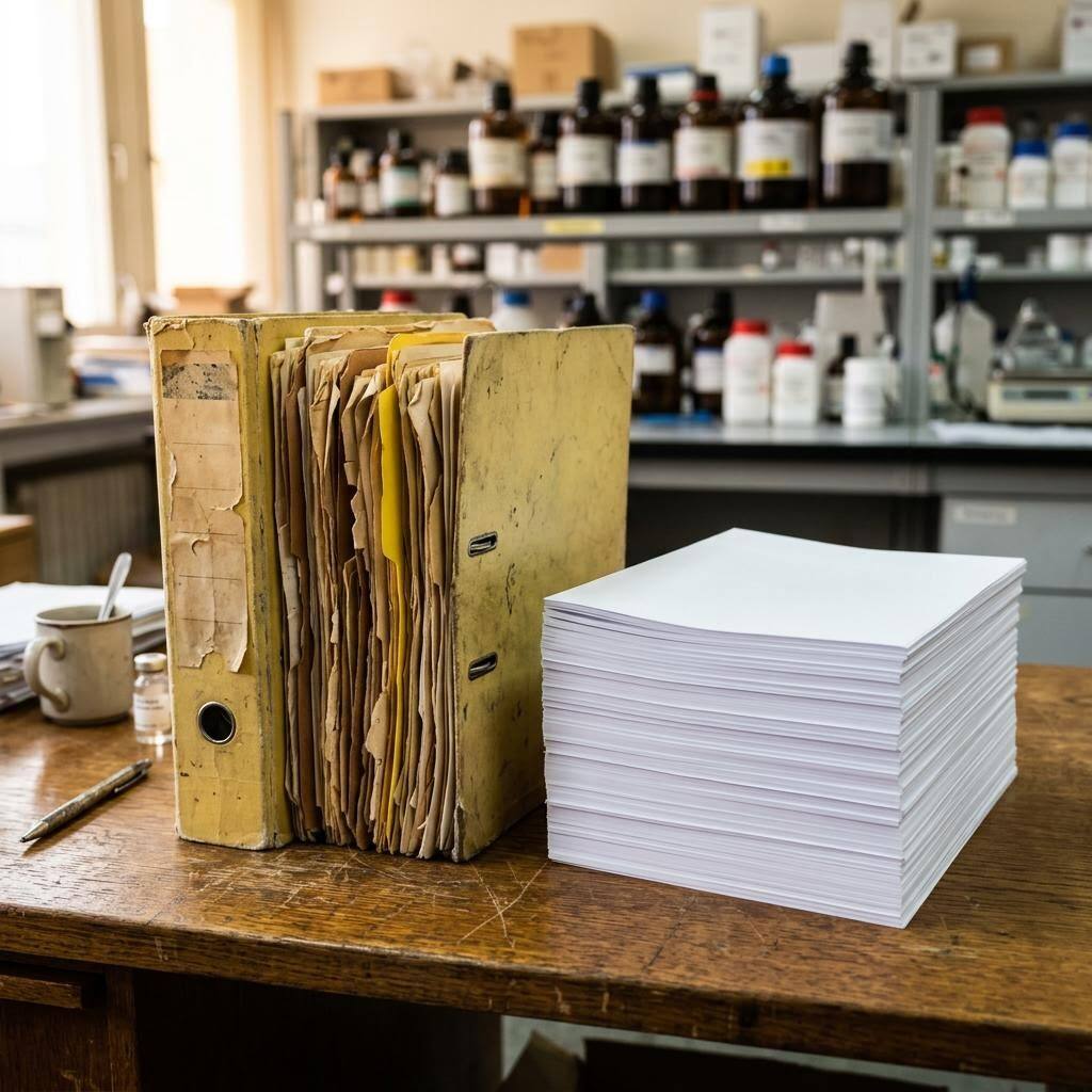 Old yellowed outdated SDS binder open on a shelf beside a current GHS-labeled container — flagged as an outdated SDS