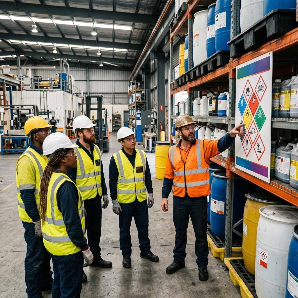 Site supervisor leading a HazCom training toolbox talk beside a chemical storage cabinet, workers holding phones showing a safety data sheet