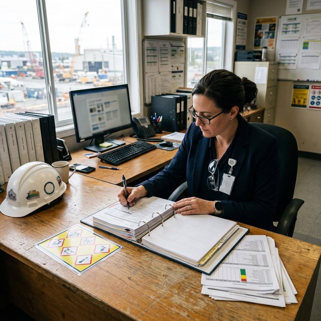 Binder labeled written hazard communication program open on a desk beside a chemical inventory printout and a laptop showing a safety data sheet library