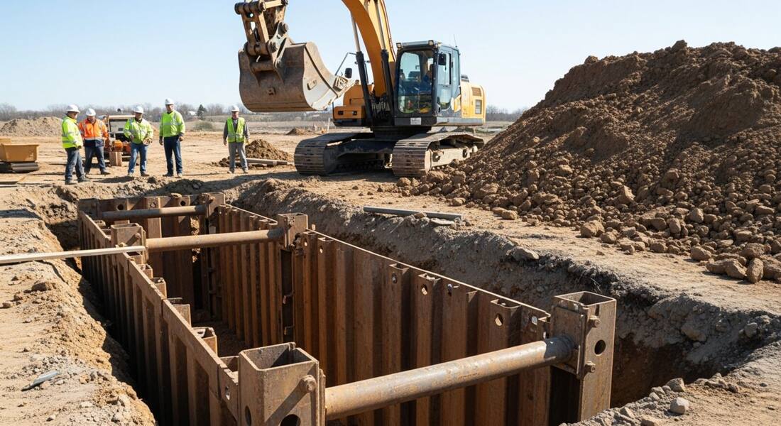 Open trench with a steel trench box and spoil pile at a street excavation