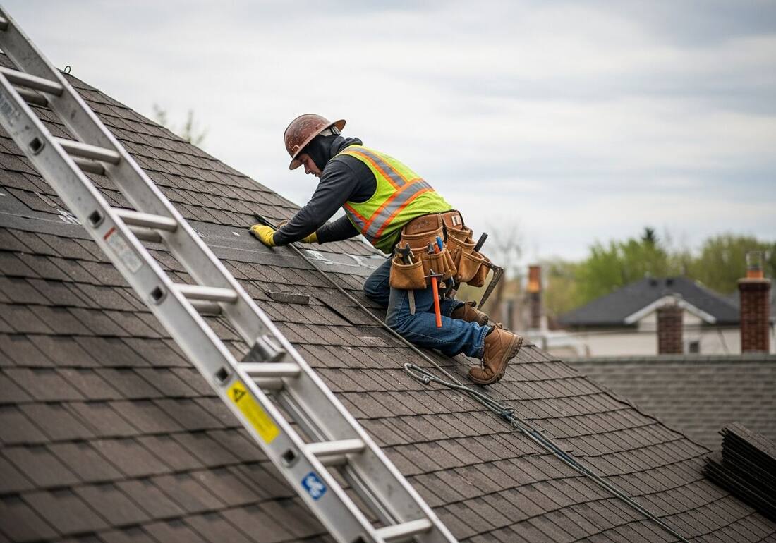 Roofer in a hard hat and hi-vis vest working on a sloped shingle roof beside a ladder