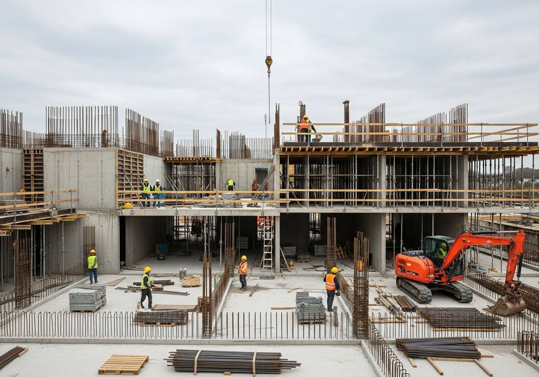 Wide view of an active construction site being assessed for hazards