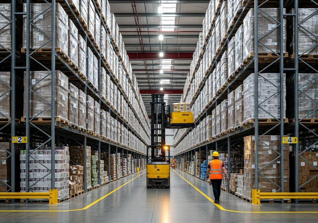 Warehouse aisle with tall pallet racking, a forklift, and a worker near marked pedestrian lines