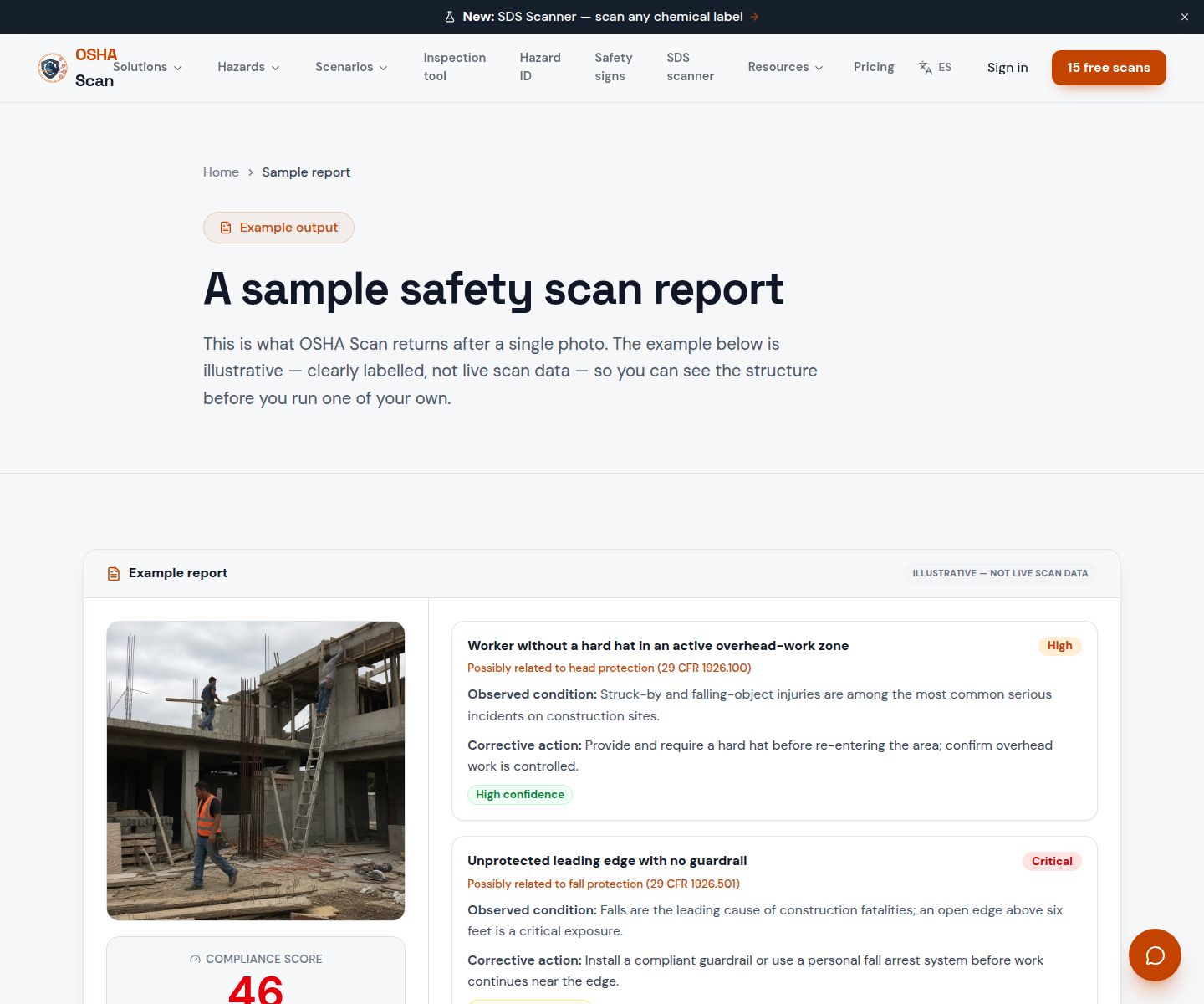 Illustrative public sample of corrective-action checklist status in the OSHA Scan report interface